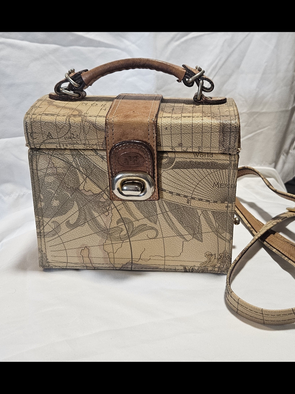 Allan Edward Top Handle Bag - Map Print with Detachable Strap & Zipper Accents